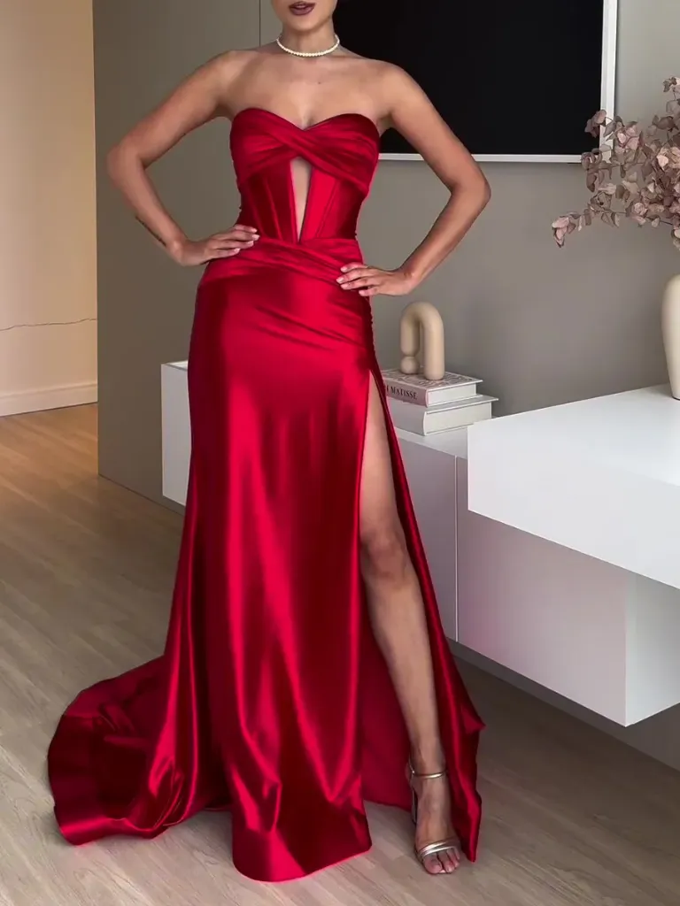 Tube Top Slit Red Extra Long Evening Dress (S)