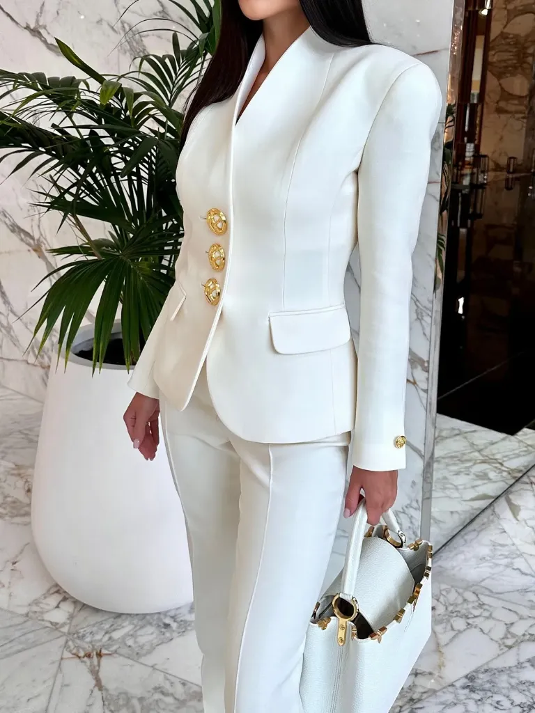 Solid Color Single-breasted Blazer & High-waisted Pants Set (S)