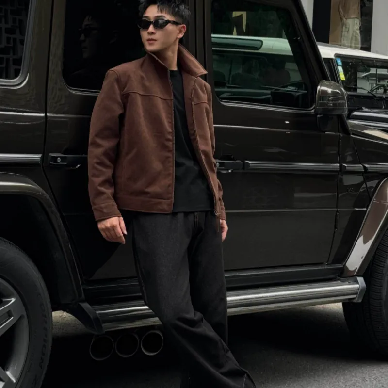 Retro Millennial Coffee-Colored Suede Jacket (Black, M)